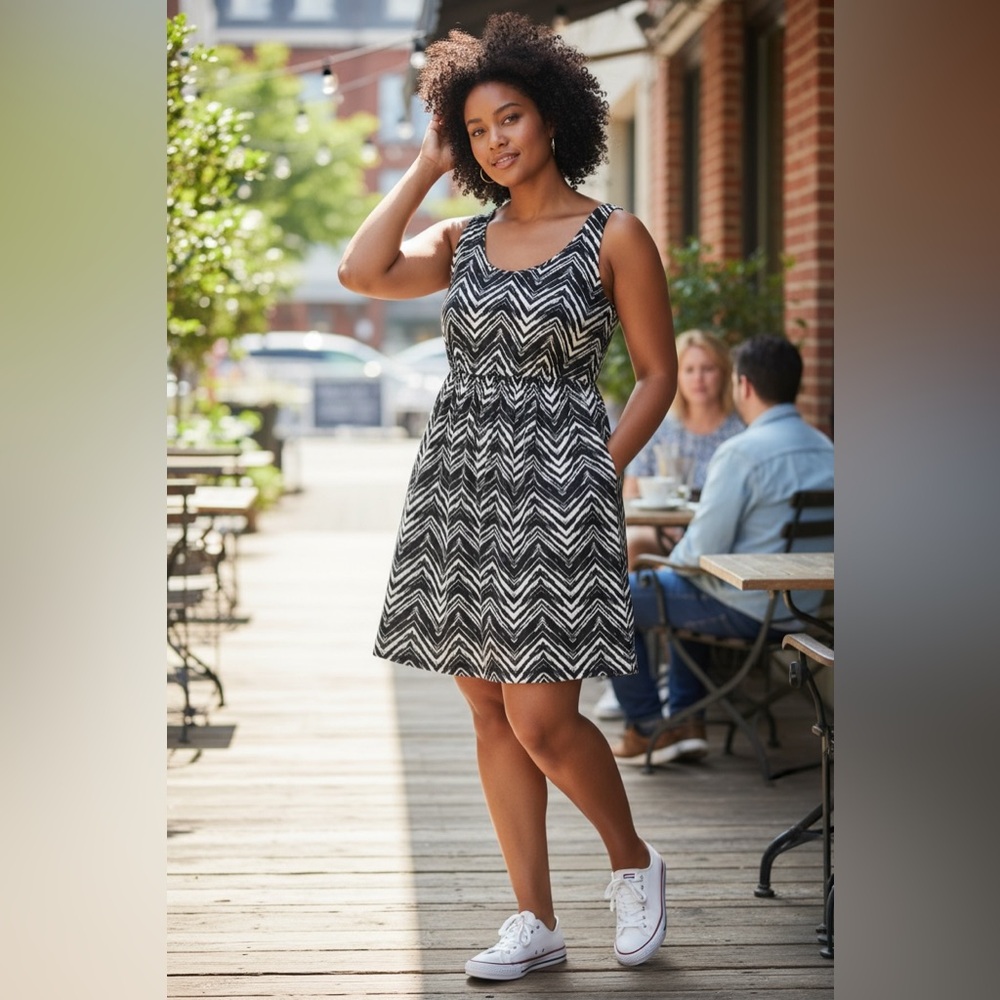 Sleeveless Black & White Chevron Swim Coverup Dress